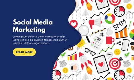 Vector background with smm elements. Social Media Marketing. Reach and promotion among target audience. Landing page, banner, mailing, presentation, header. Advertising for marketers, digital agencyのイラスト素材