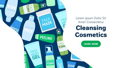 Organic or natural cosmetics. Many jars and bottles with cosmetic names. Facial skin care. Online store. Landing page template. Background is for banner, header, advertising, mailing list. Vectorのイラスト素材