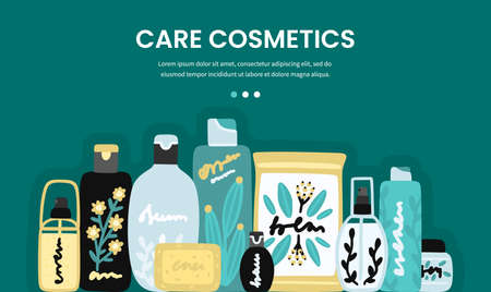 Vector cosmetic products. Natural cosmetics. Beauty care. Many jars and bottles. Facial skin care. Online store. Landing page template. Background is for banner, header, advertising, mailing listのイラスト素材