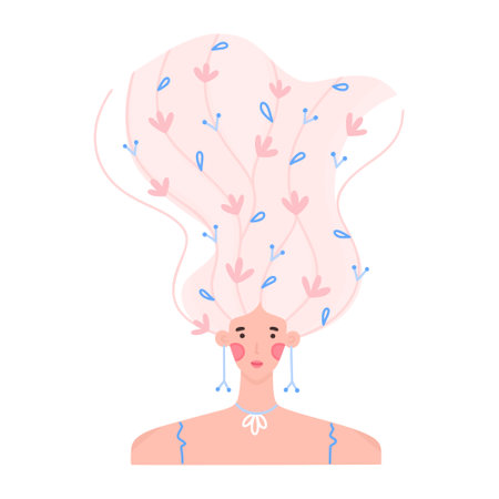 Portrait of girl with raised wavy hair decorated with many flowers. Floral hairpins. Woman with blooming hairstyle. Spring character. Beauty salon brochure, shampoo label, print for postcard. Vectorのイラスト素材