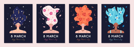 8 March. International Womens Day. Portraits of girl with raised hair decorated with many flowers on dark background. Woman with blooming hairstyle. Spring holiday. Poster, invitation, greeting cardのイラスト素材