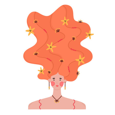 Portrait of girl with raised wavy hair decorated with many flowers. Floral hairpins. Woman with blooming hairstyle. Spring character. Beauty salon brochure, shampoo label, print for postcard. Vectorのイラスト素材