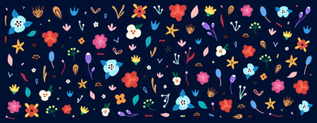 Large set of flowers and floral elements. Colorful clipart for decorating greeting cards, covers, invitations and more, as well as for creating print for fabrics, wrapping papers, wallpaper. Vectorのイラスト素材