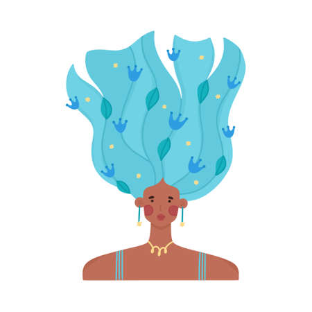 Portrait of girl with raised wavy hair decorated with many flowers. Floral hairpins. Woman with blooming hairstyle. Spring character. Beauty salon brochure, shampoo label, print for postcard. Vectorのイラスト素材