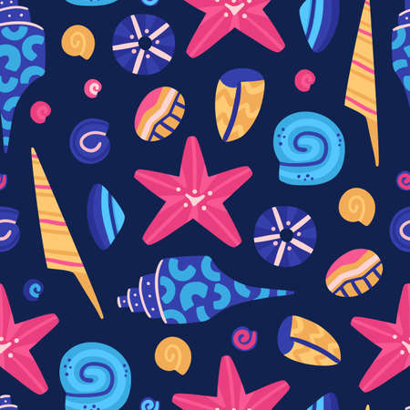 Vector seamless pattern with colorful underwater world. Cute hand-drawn fish. Marine life. Repeating...