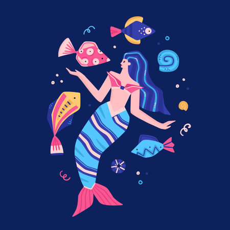 Vector fabulous underwater world. Colorful marine life. Cute hand-drawn mermaid, fish, shells. It can be used for baby clothes, stickers, T-shirts, swimwear, posterのイラスト素材