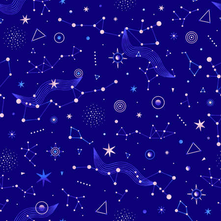 Space seamless patterns of planets, stars, other celestial bodies. Vector illustration on theme of astrology, astronomyのイラスト素材
