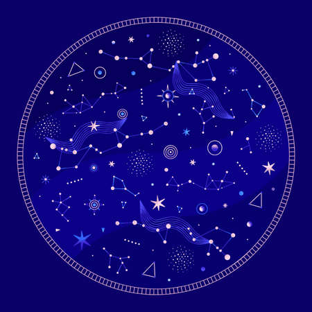 Space round composition with planets, constellation, stars. Vector illustration on theme of astrology, astronomyのイラスト素材