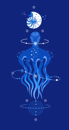 Cosmic octopus and seashell. Magic underwater life. Space marine composition. Ocean creaturesのイラスト素材