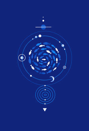 Mysterious space composition of fish, cosmic bodies and circles. Underwater life. Esoteric marine compositionのイラスト素材