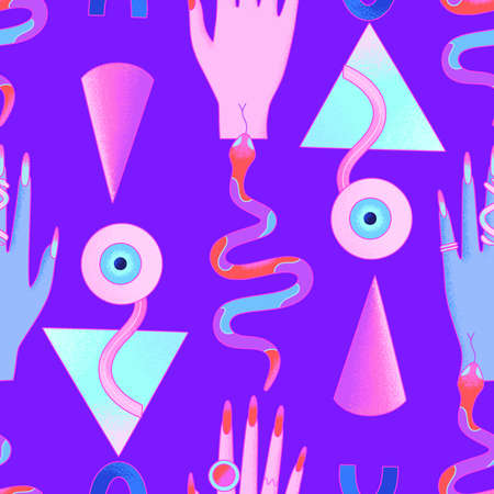 Colorful alchemical seamless pattern with hands, snakes, geometric shapes, eyes on a purple...
