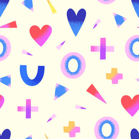 Colorful abstract seamless pattern with various geometric shapes and hearts on a yellow background