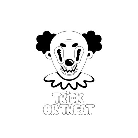 Creepy clown. Halloween spooky cartoon character isolated on white background. Trick or treat lettering. Black outlineのイラスト素材
