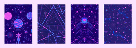 Set of vector illustrations of abstract celestial bodies. Constellations, stars, planets. Space universe. Esoteric cosmic designs for posters, notebook coversのイラスト素材