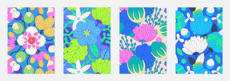 Set of vector covers with floral patterns of colorful abstract flowers with black stroke. Spring or summer designs for posters, notebook, plannersのイラスト素材