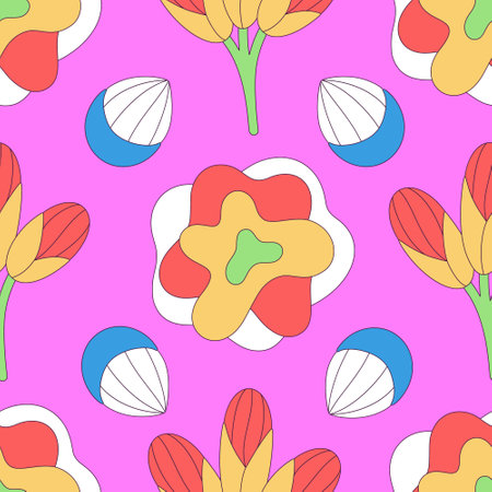 Seamless floral pattern of colorful abstract flowers with black stroke. Flat style. Surface design for fabric, wallpaper, wrapping paper, covers. Red, white, yellow, pink colorsのイラスト素材