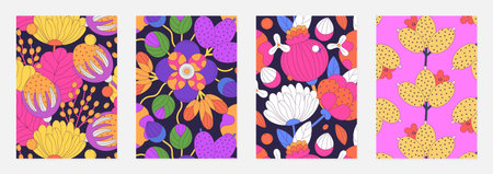 Set of vector covers with floral patterns of colorful abstract flowers with black stroke. Spring or summer designs for posters, notebook, plannersのイラスト素材