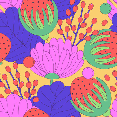 Seamless floral pattern of colorful abstract flowers with black stroke. Flat style. Surface design for fabric, wallpaper, wrapping paper, coversのイラスト素材