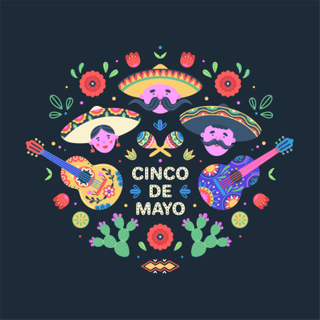 Cinco de Mayo celebration. Mexican holiday. Colorful vector illustration with mariachi singers, guitars and maracas, flowers and cacti on dark backgroundのイラスト素材