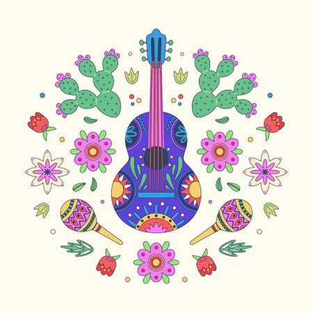 Cinco de Mayo celebration. Mexican holiday. Colorful vector illustration with decorated guitars and maracas in flowers and cacti on light backgroundのイラスト素材