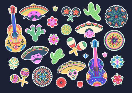 Cinco de Mayo stickers. Colorful Mexican holiday clipart set with white stroke on dark background. Mariachi, guitars, maracas, flowers, cacti, mandalasのイラスト素材