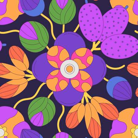 Seamless floral pattern of colorful abstract flowers with black stroke. Flat style. Surface design for fabric, wallpaper, wrapping paper, coversのイラスト素材