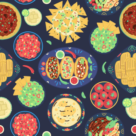 Seamless pattern of traditional mexican food on dark background. Mexican cuisine. Tacos, tortilla, fajitas, nachos, tomales, guacamole, salsa, margarita, chili con carneのイラスト素材