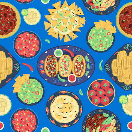 Seamless pattern of traditional mexican food on blue background. Mexican cuisine. Tacos, tortilla, fajitas, nachos, tomales, guacamole, salsa, margarita, chili con carneのイラスト素材