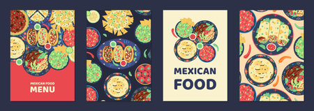 Vector set of a4 templates with illustrations of traditional mexican food such as tacos, burritos, guacamole, salsa, etc. Designs for menu covers, cookbooks, posters, bannersのイラスト素材