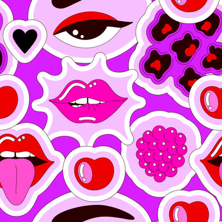 Bright vector seamless pattern of eye, lips, berries on purple background. Glamor illustration in 2000s style. Playful, fun design with black outlineのイラスト素材