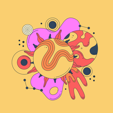 Vibrant vector illustration with abstract patterned planets on yellow background. Bright galactic. Cartoon space. Playful, surreal, and colorful styleのイラスト素材