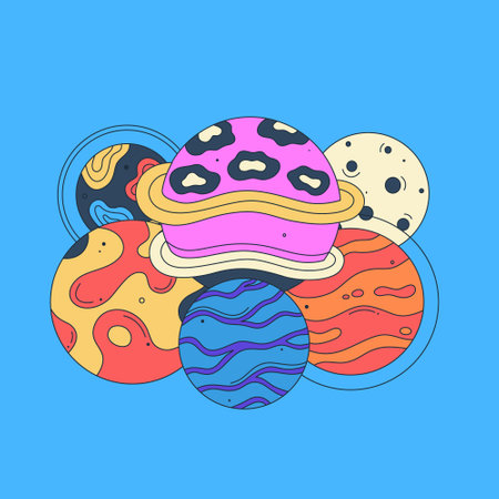 Vibrant vector illustration with abstract patterned planets on blue background. Bright galactic. Cartoon space. Playful, surreal, and colorful styleのイラスト素材