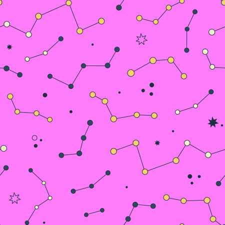Seamless pattern. Pink vector illustration with abstract constellations. Groovy galactic. Cartoon space. Playful, magic styleのイラスト素材