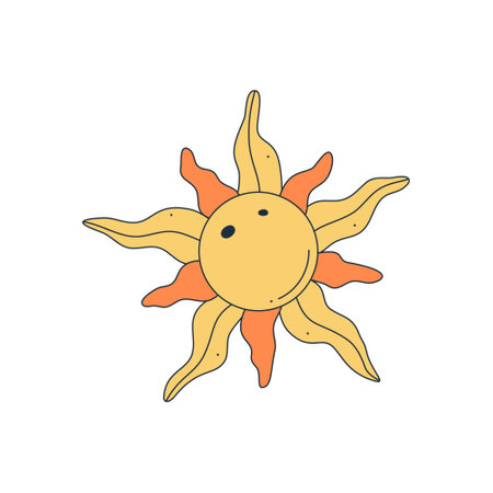 Isolated fictional abstract bright Sun on white background. Yellow colors. Space object in surrealistic cartoon style. Sticker, print on a T-shirtのイラスト素材