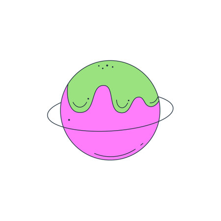 Isolated fictional abstract colorful planet on white background. Pink and green colors. Space object in surrealistic cartoon style. Sticker, print on a T-shirt. Vector illustrationのイラスト素材