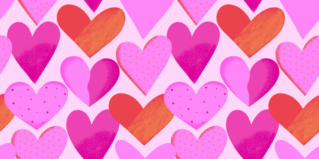 Seamless pattern with hand drawn textured hearts. Valentines Day design. Vector illustration in pink...