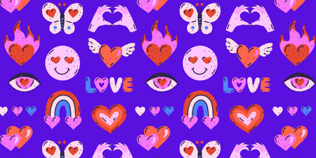 Colorful groovy design of hearts, rainbow, butterfly, eye on blue background. Love and passion....