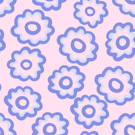 Vector floral seamless pattern. Cute groovy blue flowers in hand drawn style. Daisies. Retro vibe. Cottage core. Design for fabric, wallpaper, wrapping paper, cover, poster, invitationのイラスト素材