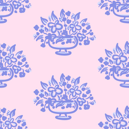 Vector floral seamless pattern. Abstract blue flowers in a pot in hand drawn style on pink background. Garden decor. Retro vibe. Cottage core. Design for fabric, wallpaper, wrapping paperのイラスト素材