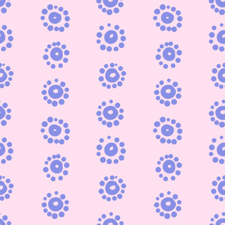 Vector simple seamless pattern with abstract flowers or suns. Repeating background of blue circles with spots around in hand drawn style. Design for fabric, wallpaper, wrapping paper, coverのイラスト素材