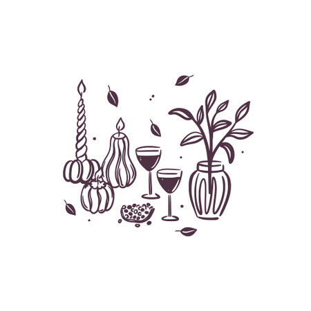 Hand-drawn autumn composition featuring two glasses with drink, pumpkin candles and a vase with plant. Black and white sketch style. Cozy fall season. Isolated vector illustration. Invitation, bannerのイラスト素材