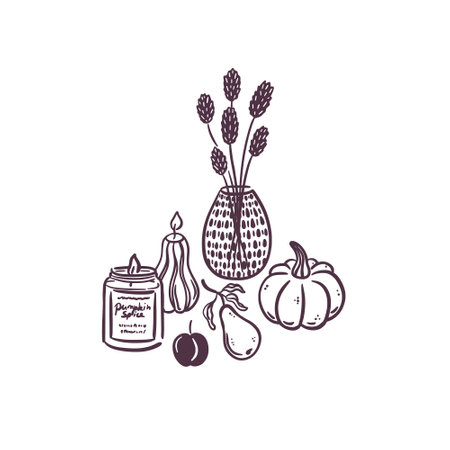 Hand drawn autumn composition featuring candles, pumpkin, fruits and a vase with flowers. Black sketch style. Cozy fall season. Home decor. Isolated vector illustration. Poster, banner, invitationのイラスト素材