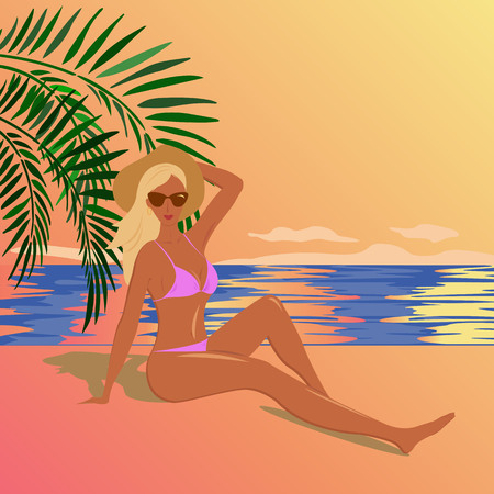 Tan girl dressed in a pink bikini sits on the beach of the sea and looks at the sunset EPS 8のイラスト素材