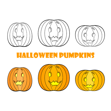 Coloring book page for children with colorful Halloween Pumpkins and sketches to color. Vector illustrationのイラスト素材