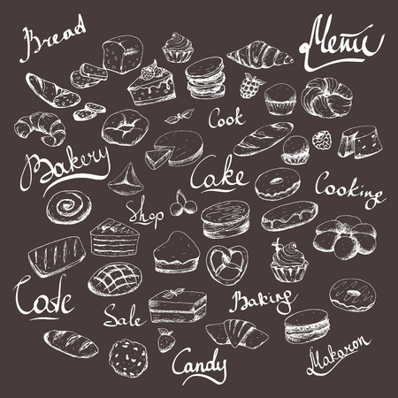 Various cakes & bakery doodle vector set. Lettering. Bakery cafe. White on darkのイラスト素材