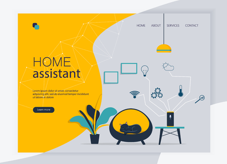 Flat vector illustration of Voice command device with virtual assistant. Website template and landing page design of smart speaker in the home interior. Automation system for houseのイラスト素材