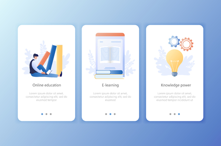 Online education, E-learning, Knowledge power, Courses. Set of onboarding screens user interface kit. Mobile application templates. Website, web page. Modern UX, UI. Flat business concept vector illustration.のイラスト素材