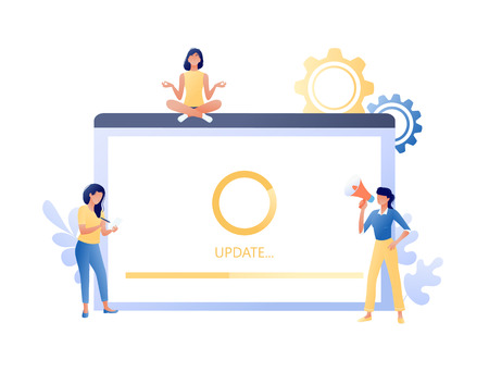 System update, software upgrade process - little people and big screen with message. Modern technology and new app version download, installation in progres. Flat concept vector illustration for web, landing page, banner, presentation, flyer.のイラスト素材