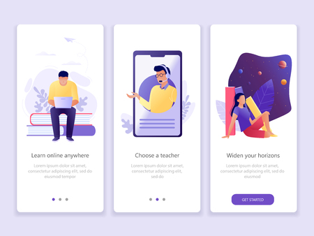 Online education, School, Studying, Courses. Onboarding screens user interface kit. M commerce. Modern user interface UX, UI screen template for mobile smart phone or web site. Vector Illustration.のイラスト素材