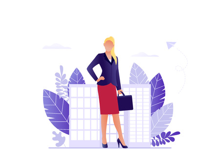 Personal branding - woman standing with bag and city on background. About company, branding, presentation. Businesswoman. Flat concept vector illustration for web, landing page, banner.のイラスト素材